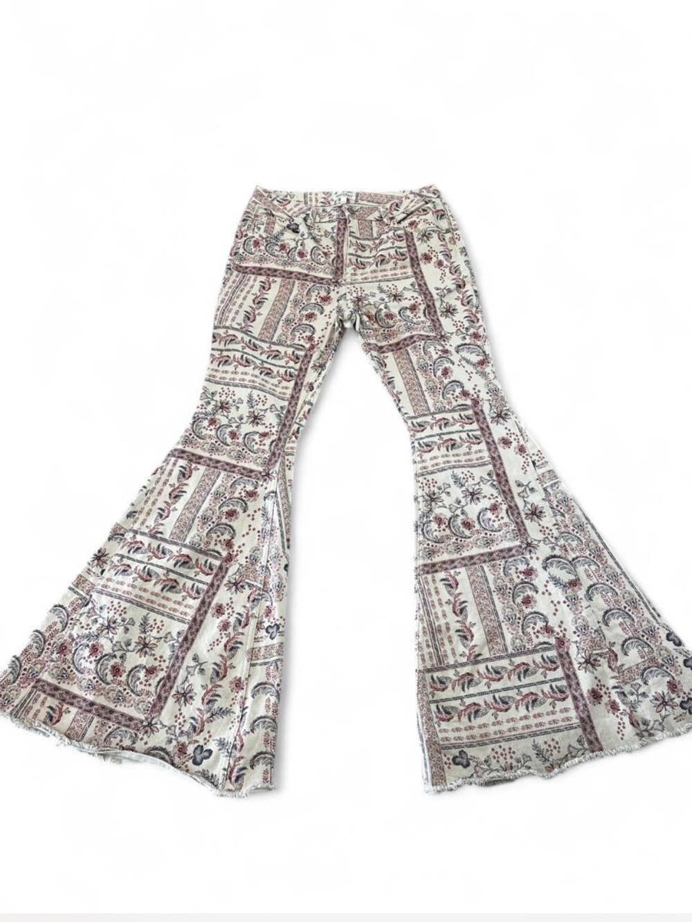 Shyanne Cream Paisley Patchwork Wide-Leg Flare Jeans with Maroon Accents